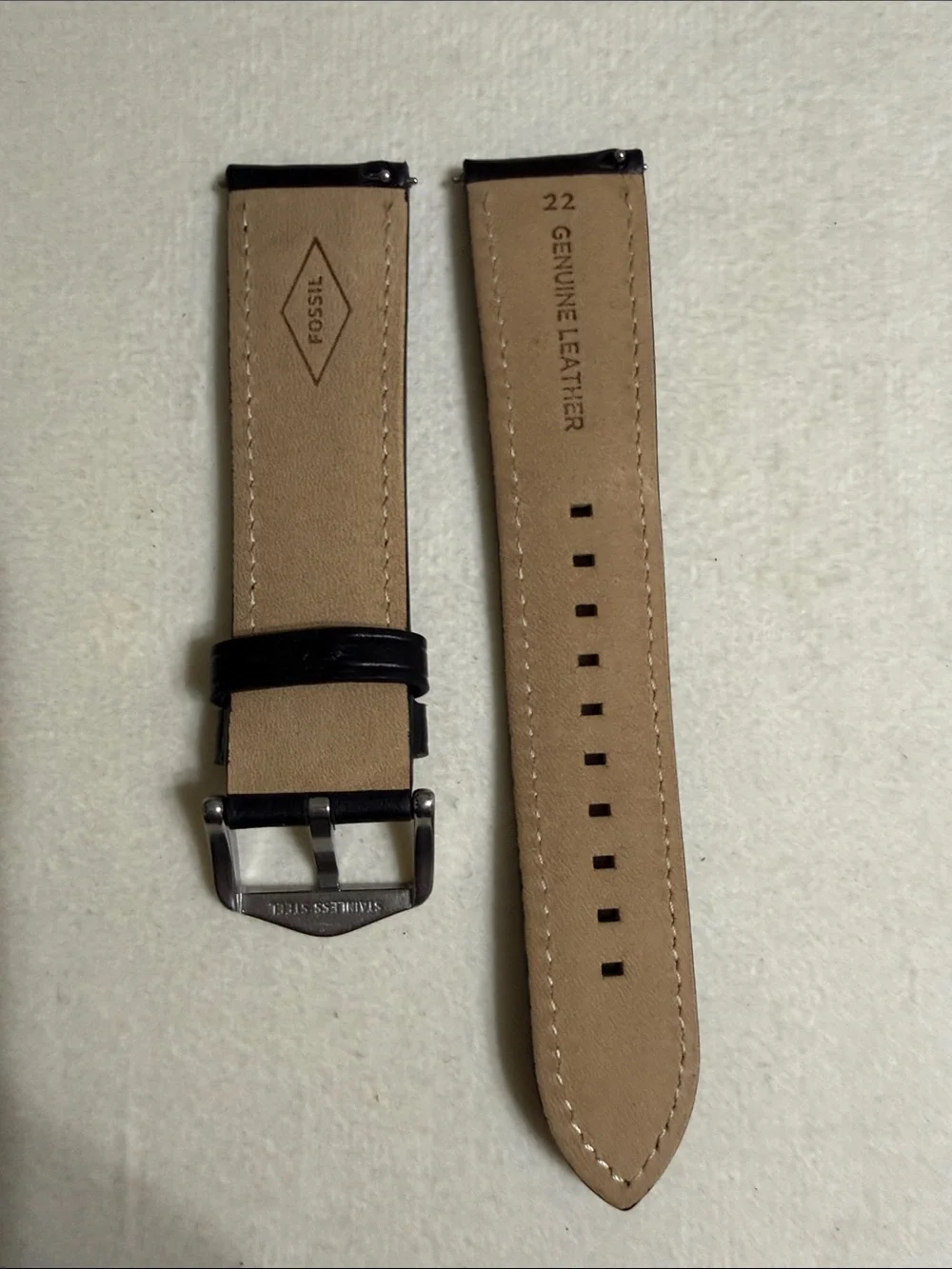 22mm Fossil Black Leather Watch Strap with Silver Buckle